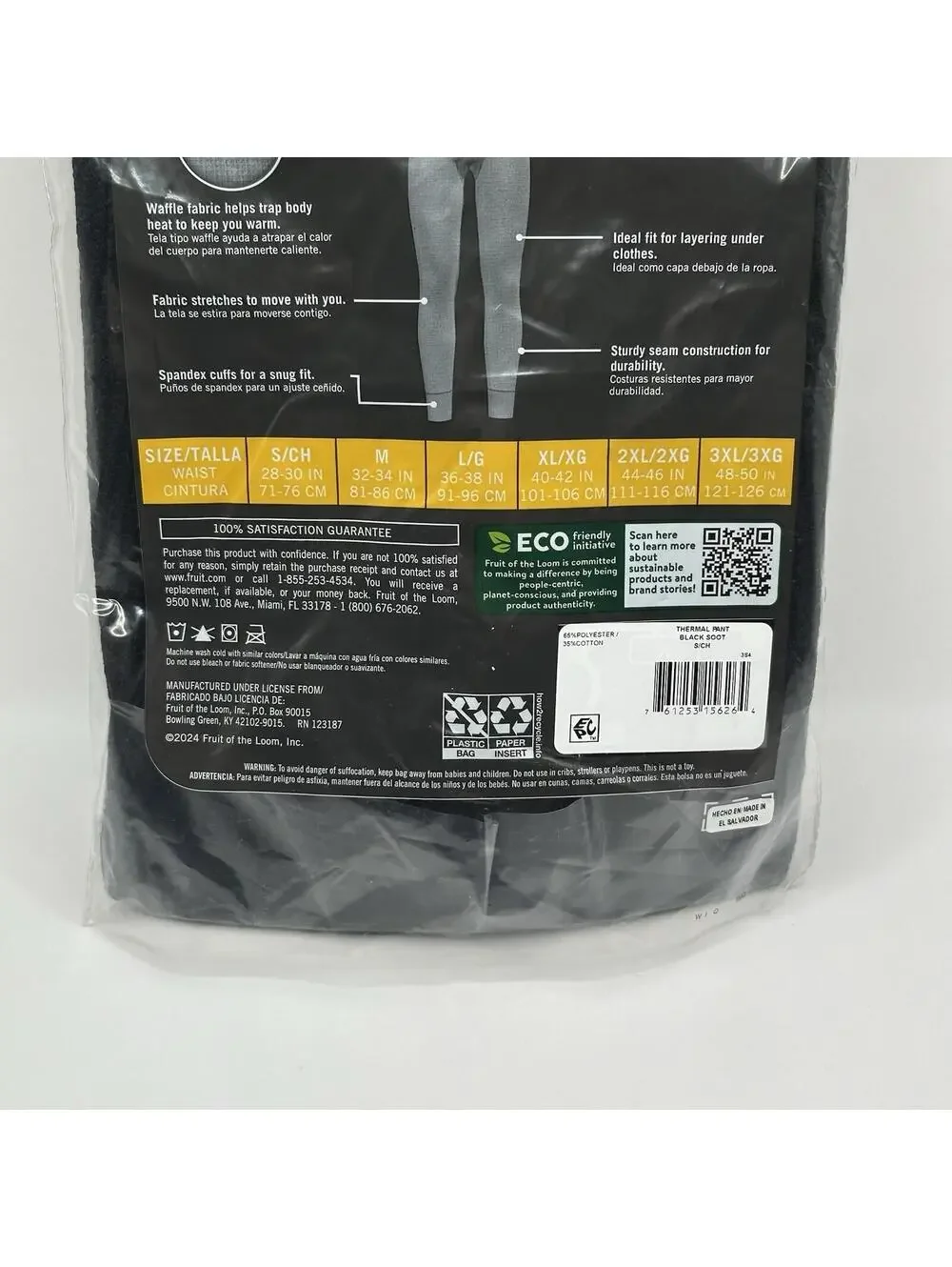 Fruit Of The Loom 1 Men’s Thermal Pant Black Soft Warm Dry Small